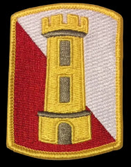 US Army 168 Engineer Brigade cloth patch with a yellow castle in the middle and red and white background
